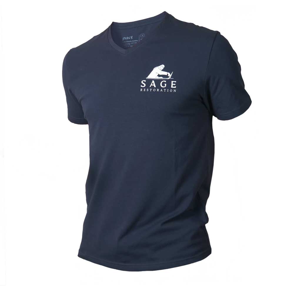 Navy blue t-shirt with white Sage Restoration logo on a white background.