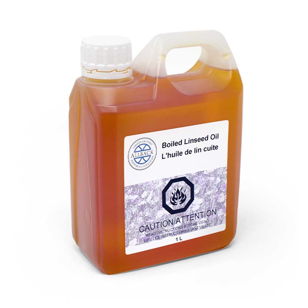 Container of boiled linseed oil with a label on a white background