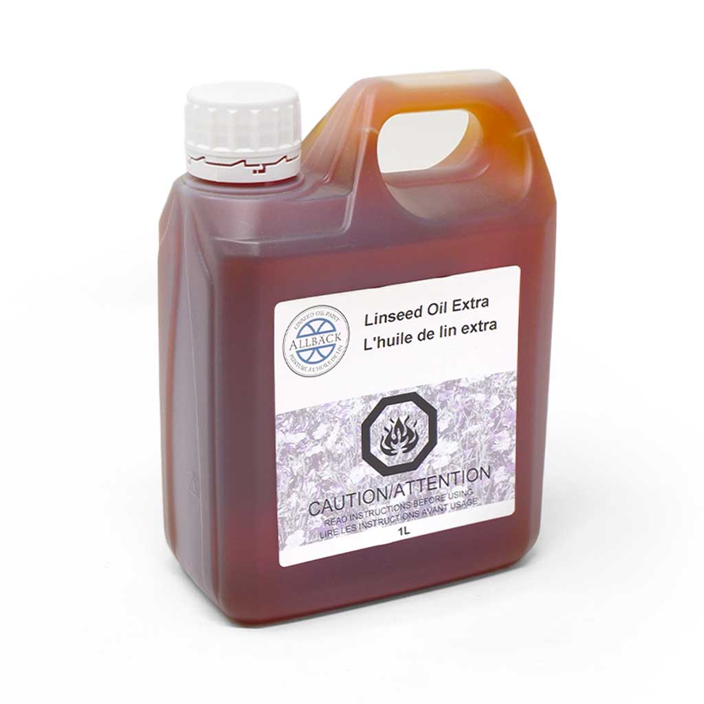 Bottle of linseed oil with a label on a white background