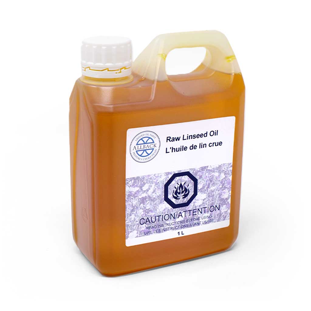 Container of raw linseed oil with a label on a white background