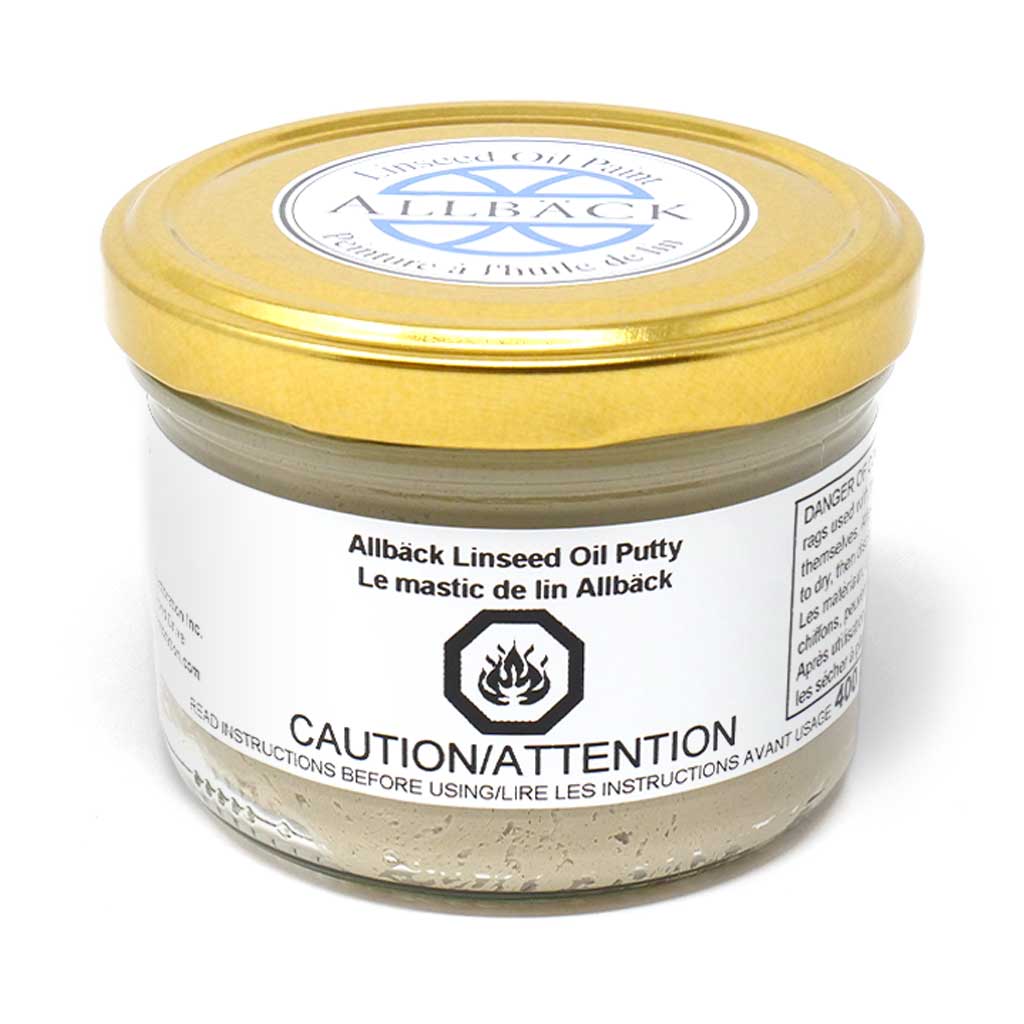 A 400G jar of Allback Linseed Oil Putty with a gold lid.