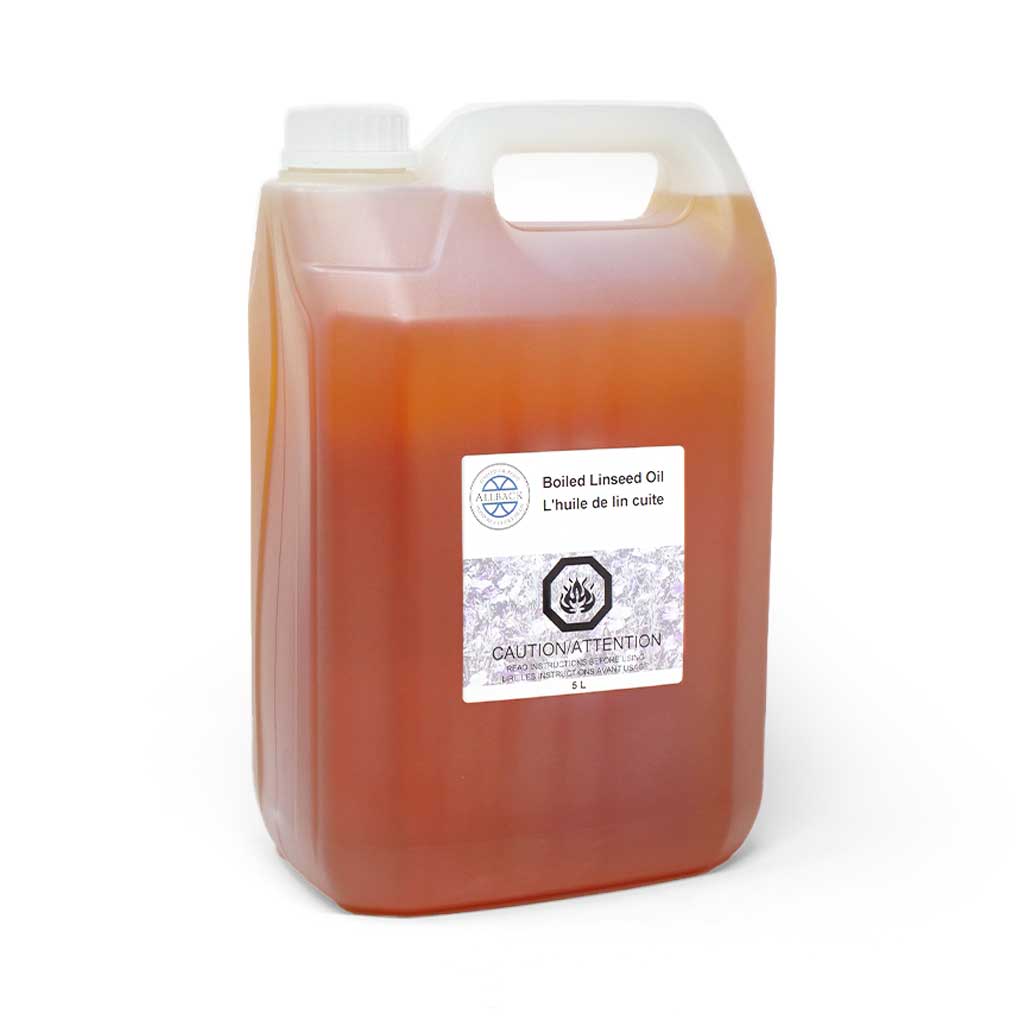 Jug of linseed oil with a label on a white background