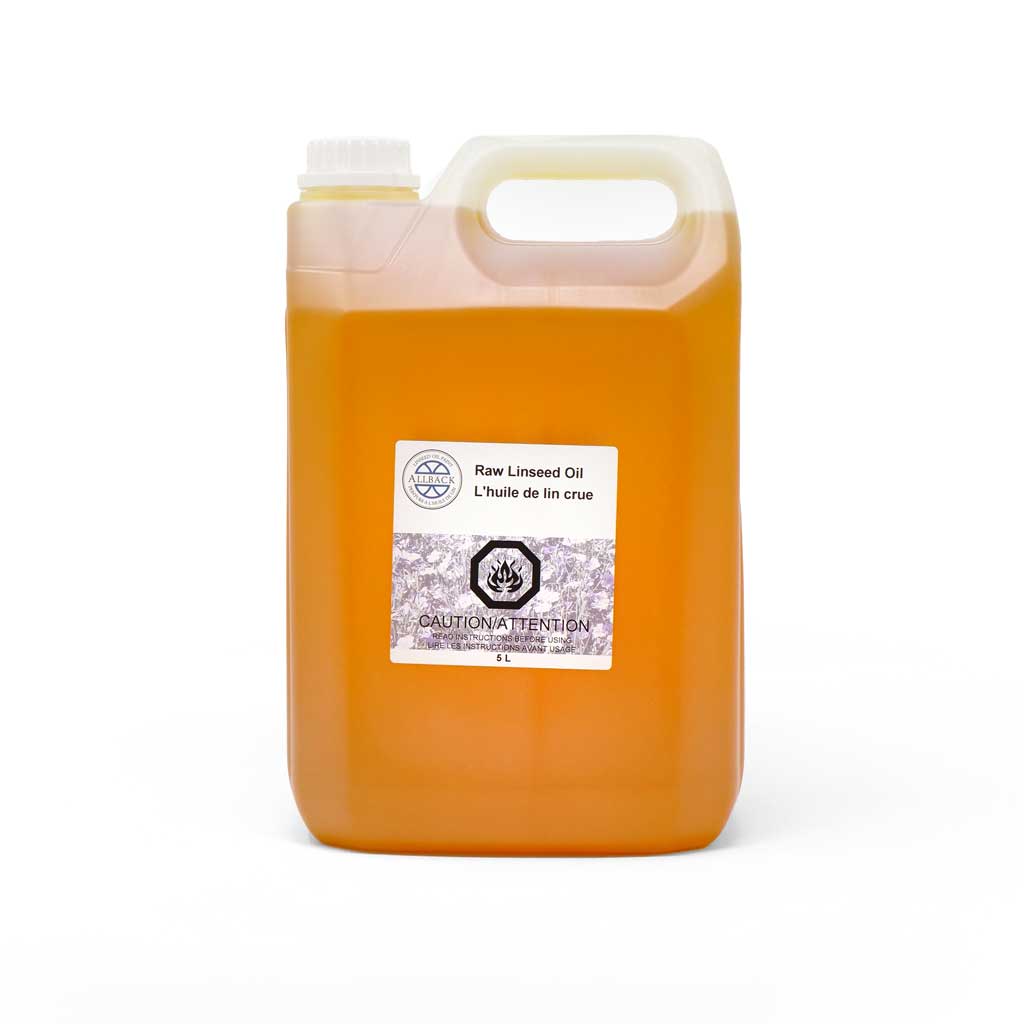 Large container of raw linseed oil with a label on a white background