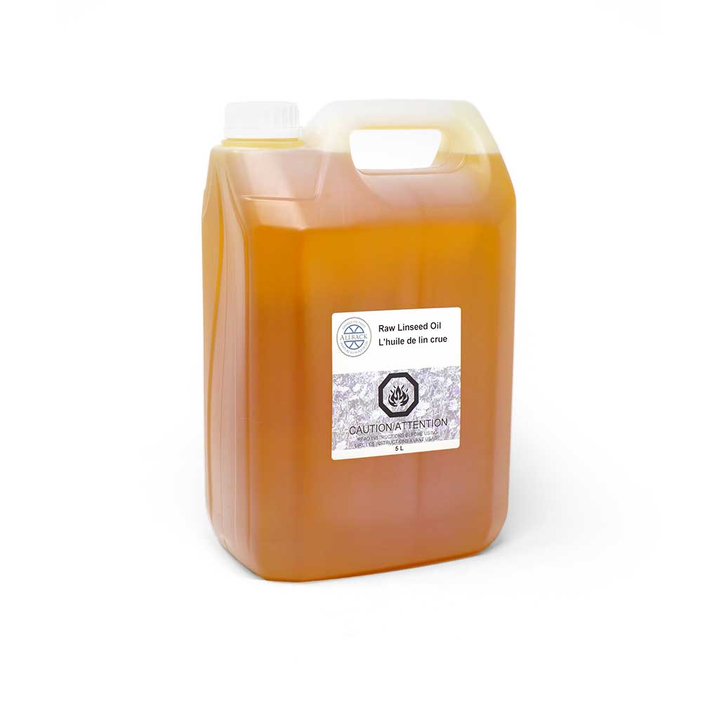 Large container of raw linseed oil with a label on a white background