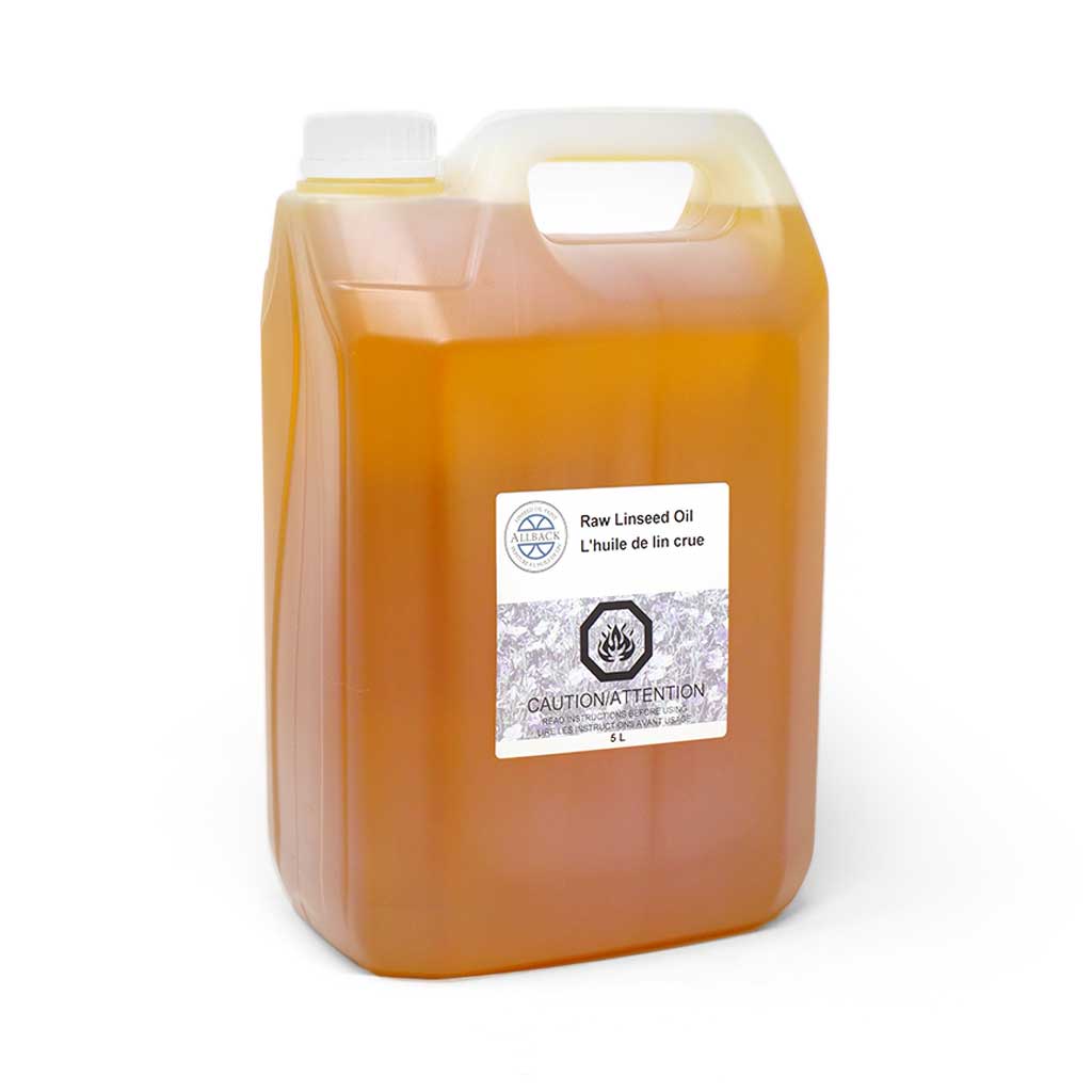 Large container of raw linseed oil with a label on a white background