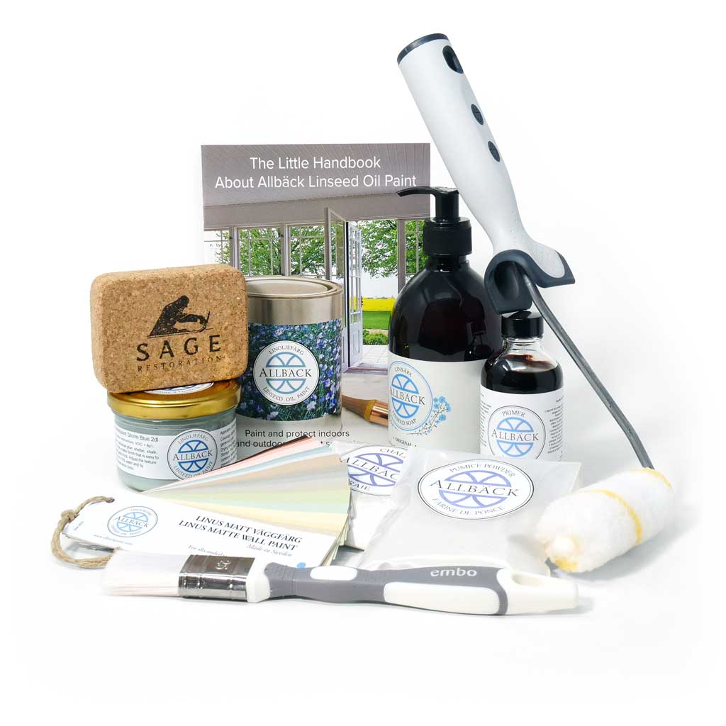 Collection of products that make up the Allbäck Linus Wall Paint Intro Kit.