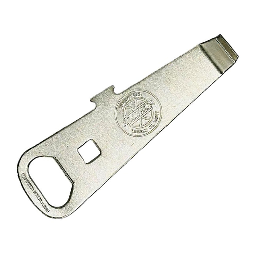 Allbäck metal paint can opener with a logo on a white background.