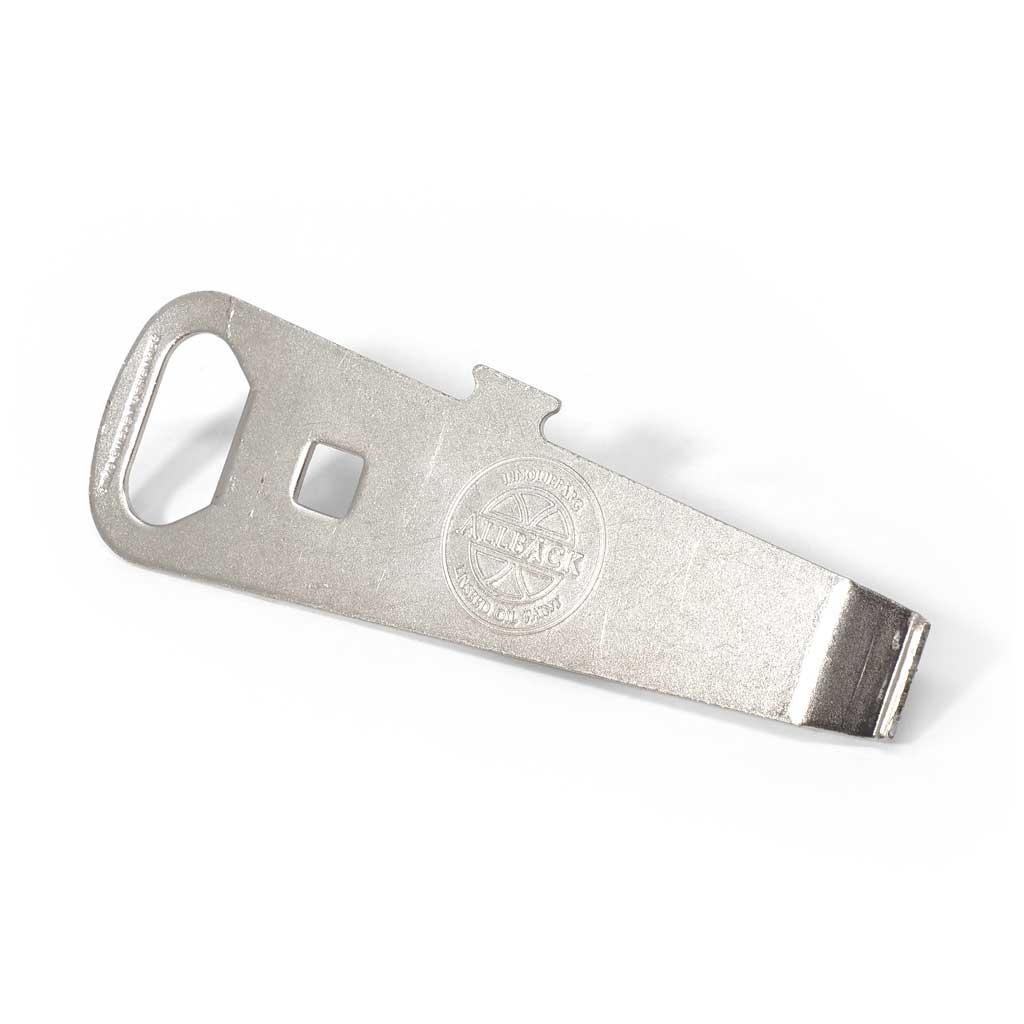Allbäck metal paint can opener with a logo on a white background.