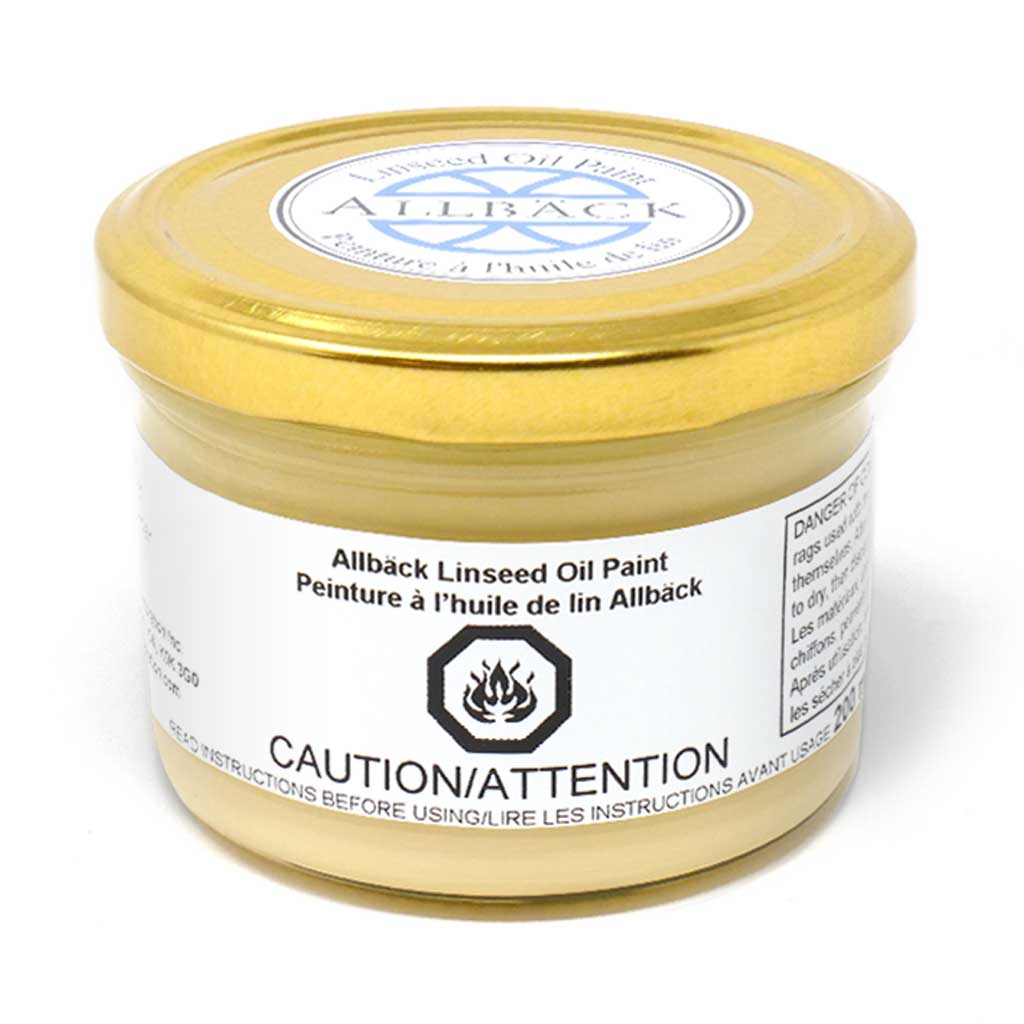 200ml of Allback Linseed Oil Paint with a gold lid in the shade custard.
