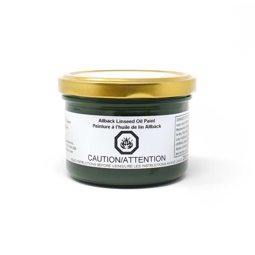 200ml of Allback Linseed Oil Paint with a gold lid in the shade holkham green.