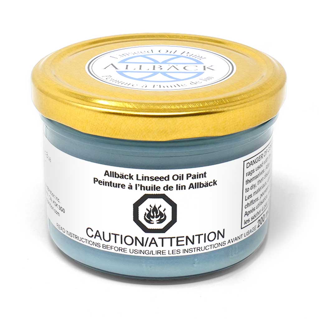 200ml of Allback Linseed Oil Paint with a gold lid in the shade linseed blue.