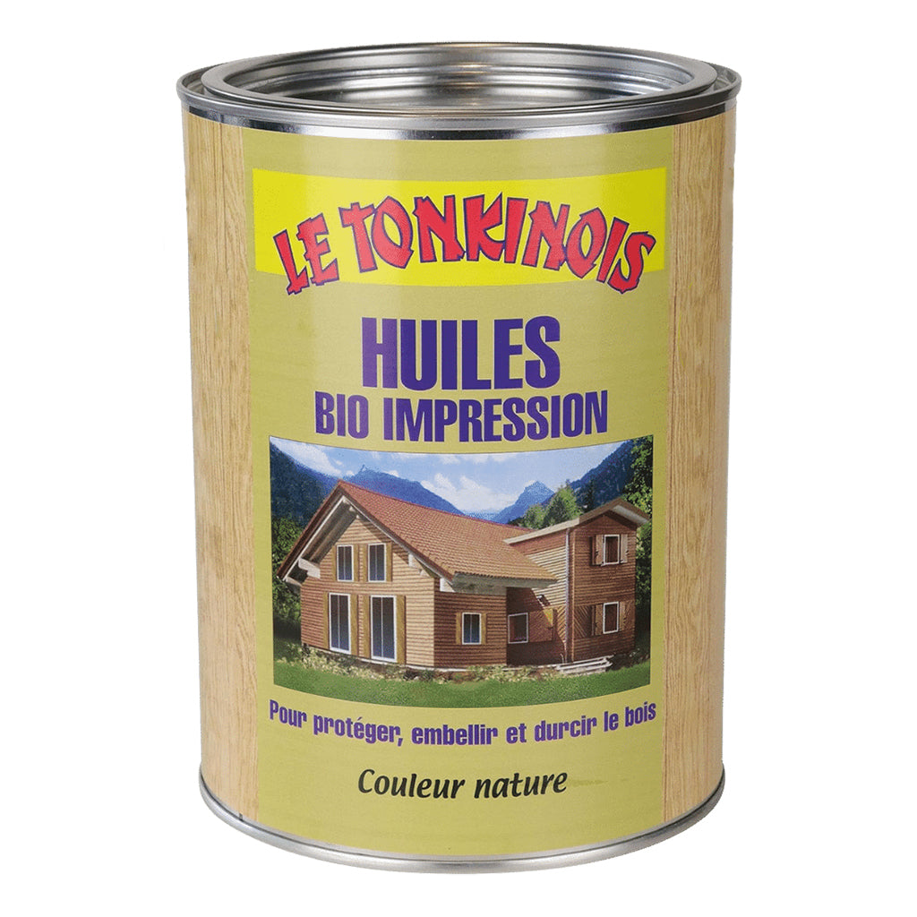 0.75 L can of Le Tonkinois Bio Impression Oil with image of a wooden house on the label and text suggesting its beneficial uses for protecting, coating, and strengthening wood.