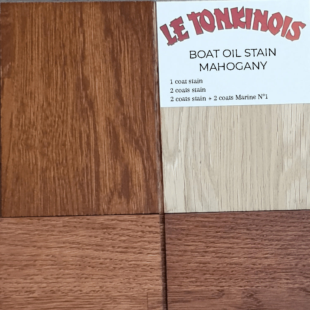 Close-up of a drawdown sample on a wooden surface showing the saturation of different coats of Le Tonkinois Boat Oil Stain in Mahogany.
