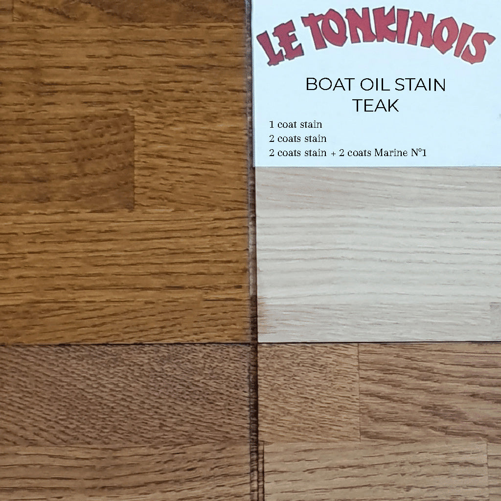Close-up of a drawdown sample on a wooden surface showing the saturation of different coats of Le Tonkinois Boat Oil Stain in Teak.