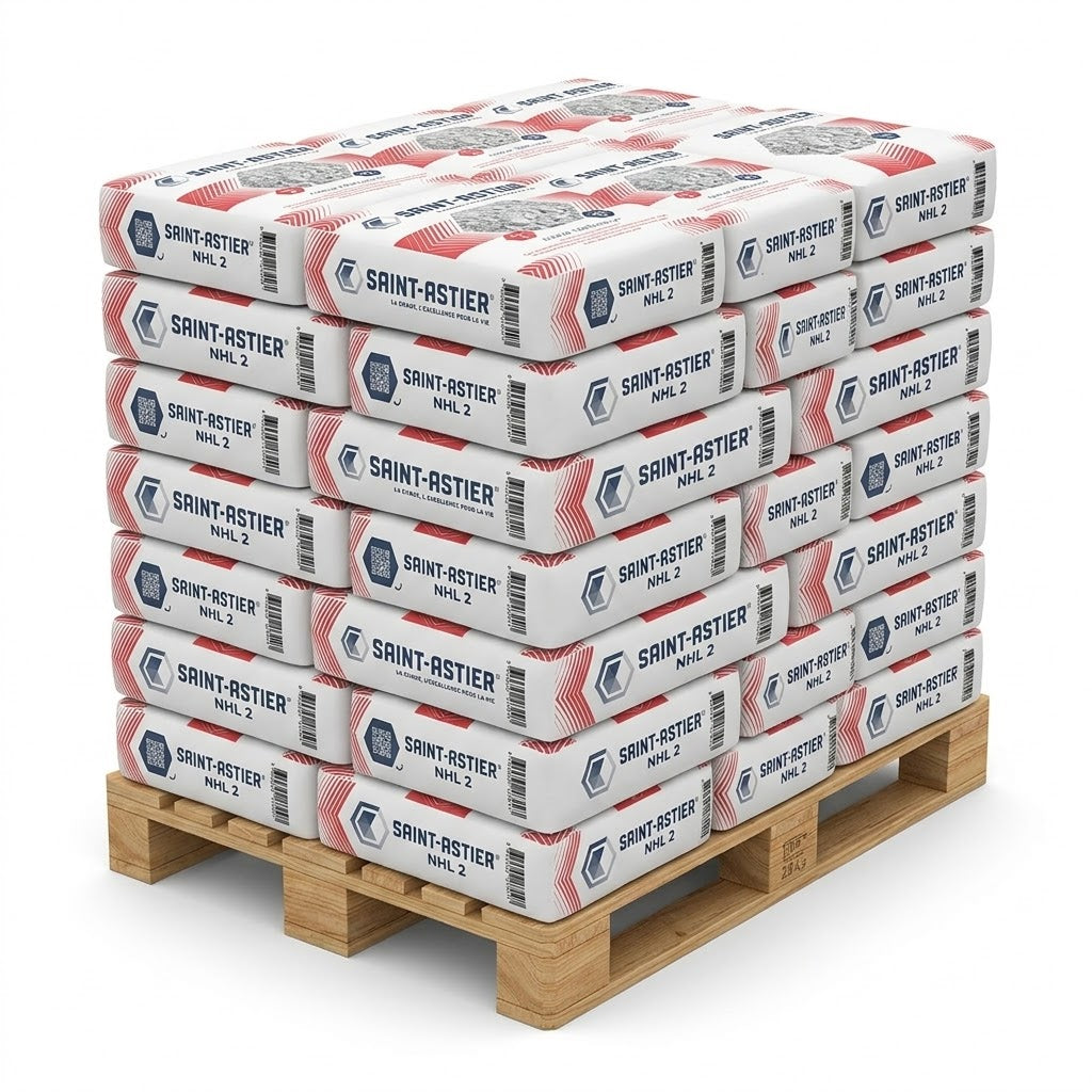 Stack of Saint-Asterier NHL 2 bags with red labels on a wooden pallet with a white background.