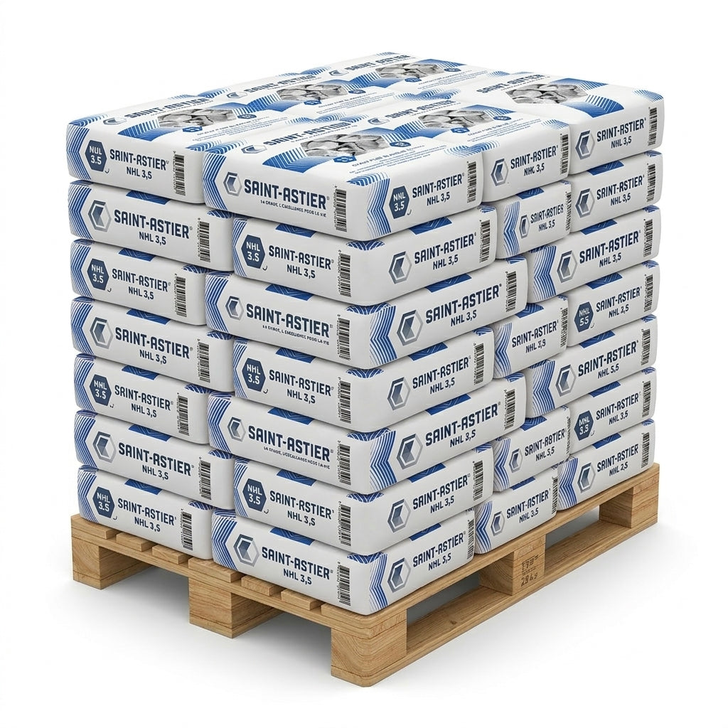 Stack of Saint-Asterier NHL 3.5 bags with blue labels on a wooden pallet with a white background.