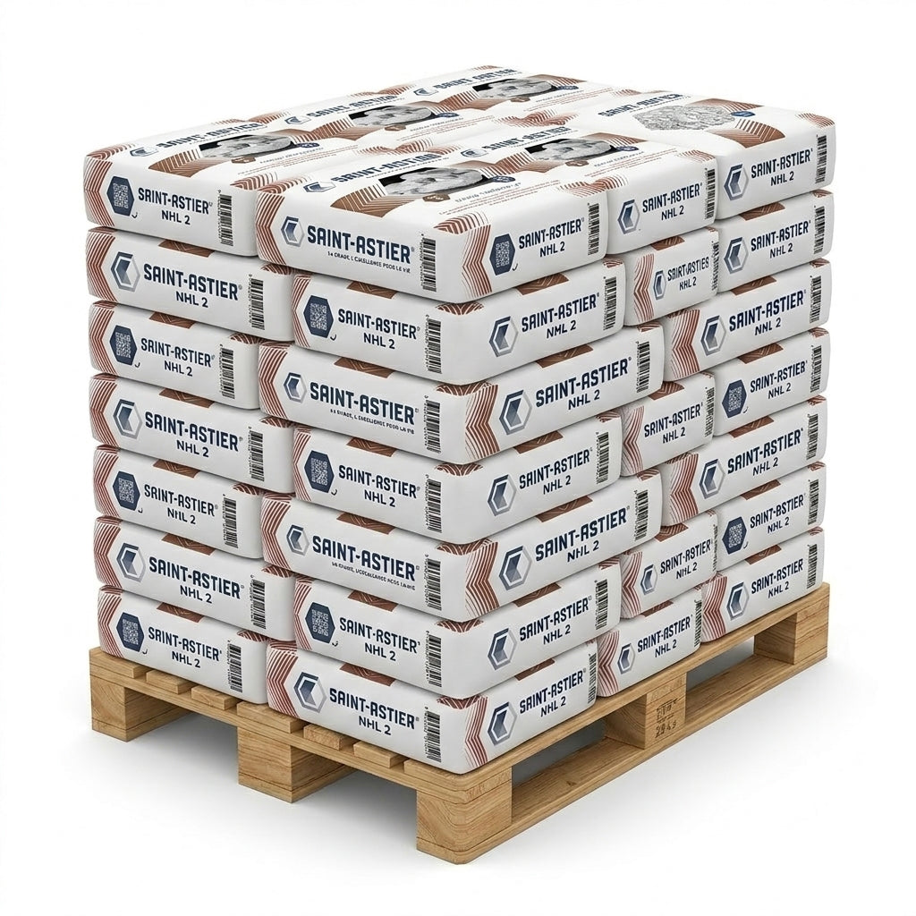Stack of Saint-Asterier NHL 5 bags with brown labels on a wooden pallet with a white background.