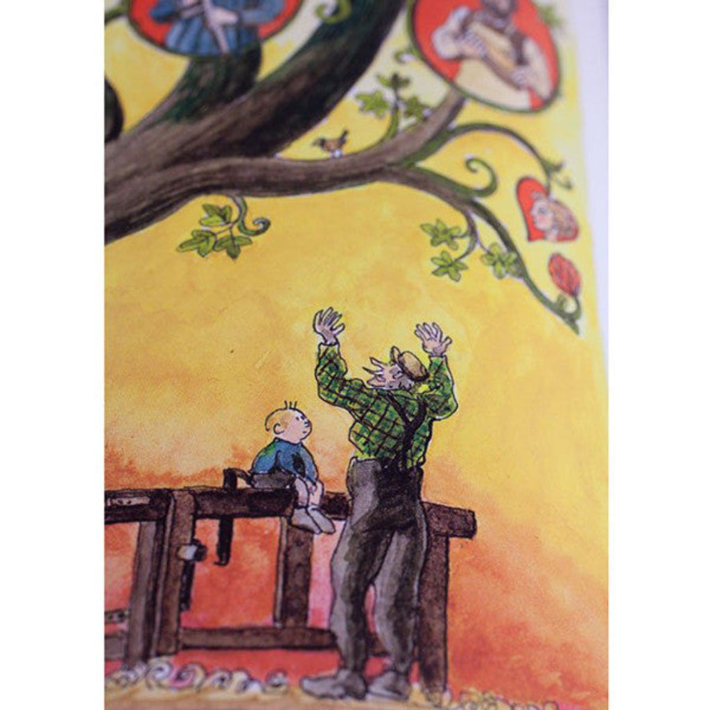 Illustration detail from a book, titled Grandpa's Workshop, of an old man standing in front of a child sitting on an old workbench with a colourful background.