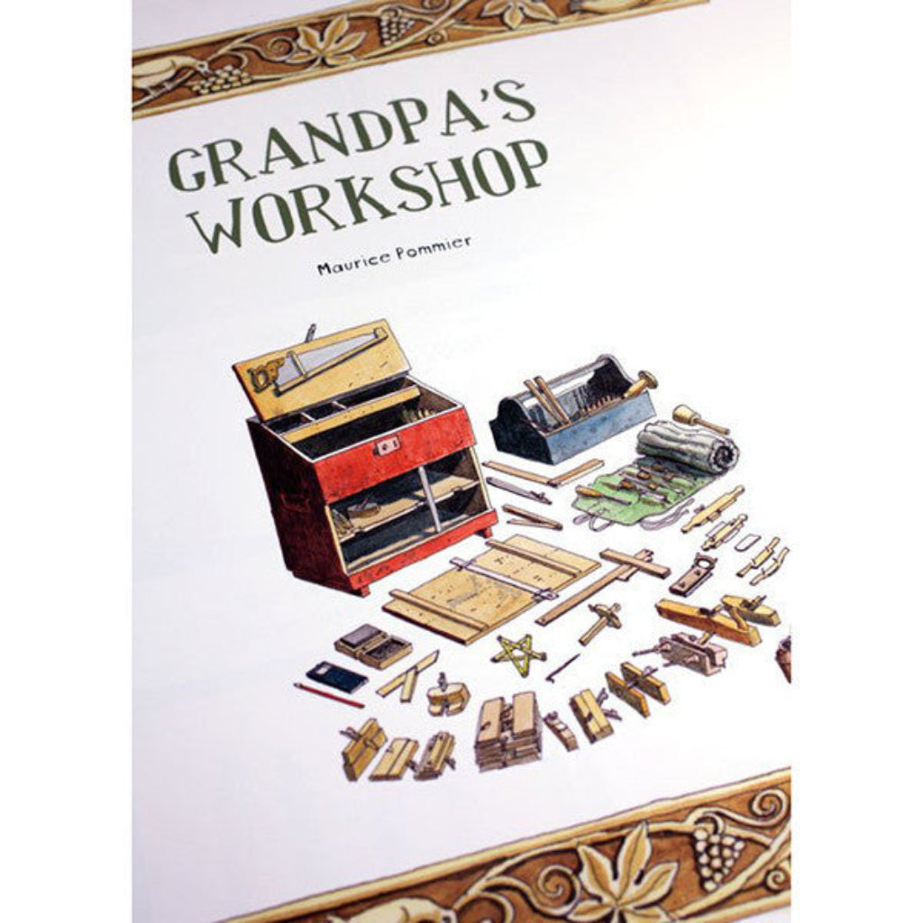 Inside cover of a book titled 'Grandpa's Workshop' with illustrations of tools and a toolbox.