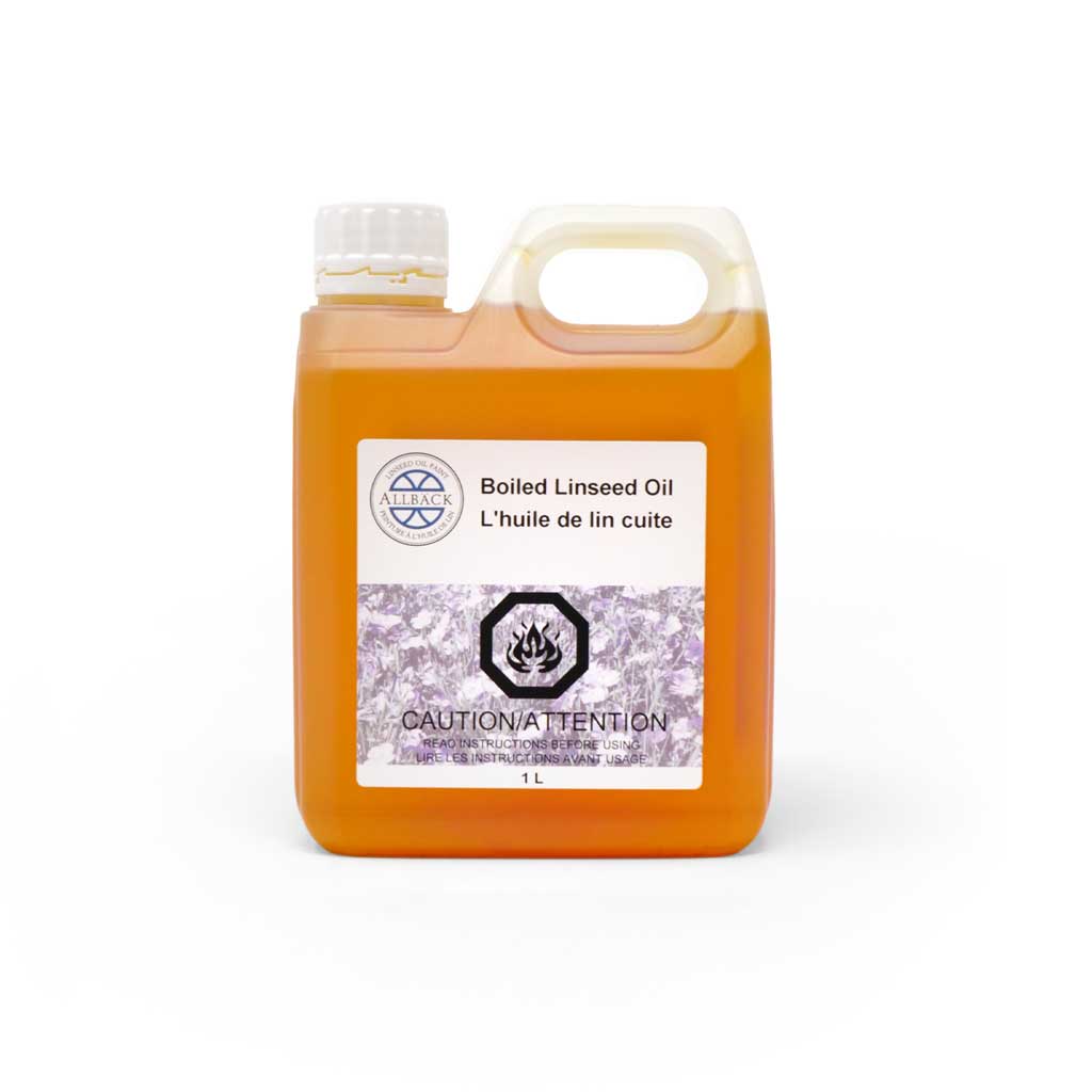 Bottle of boiled linseed oil with a label on a white background