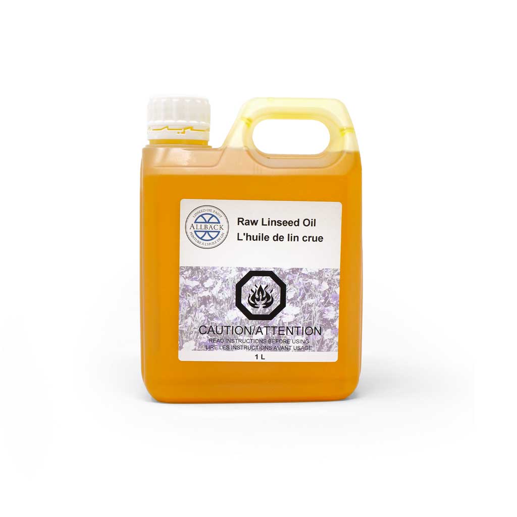 Bottle of raw linseed oil with a label on a white background