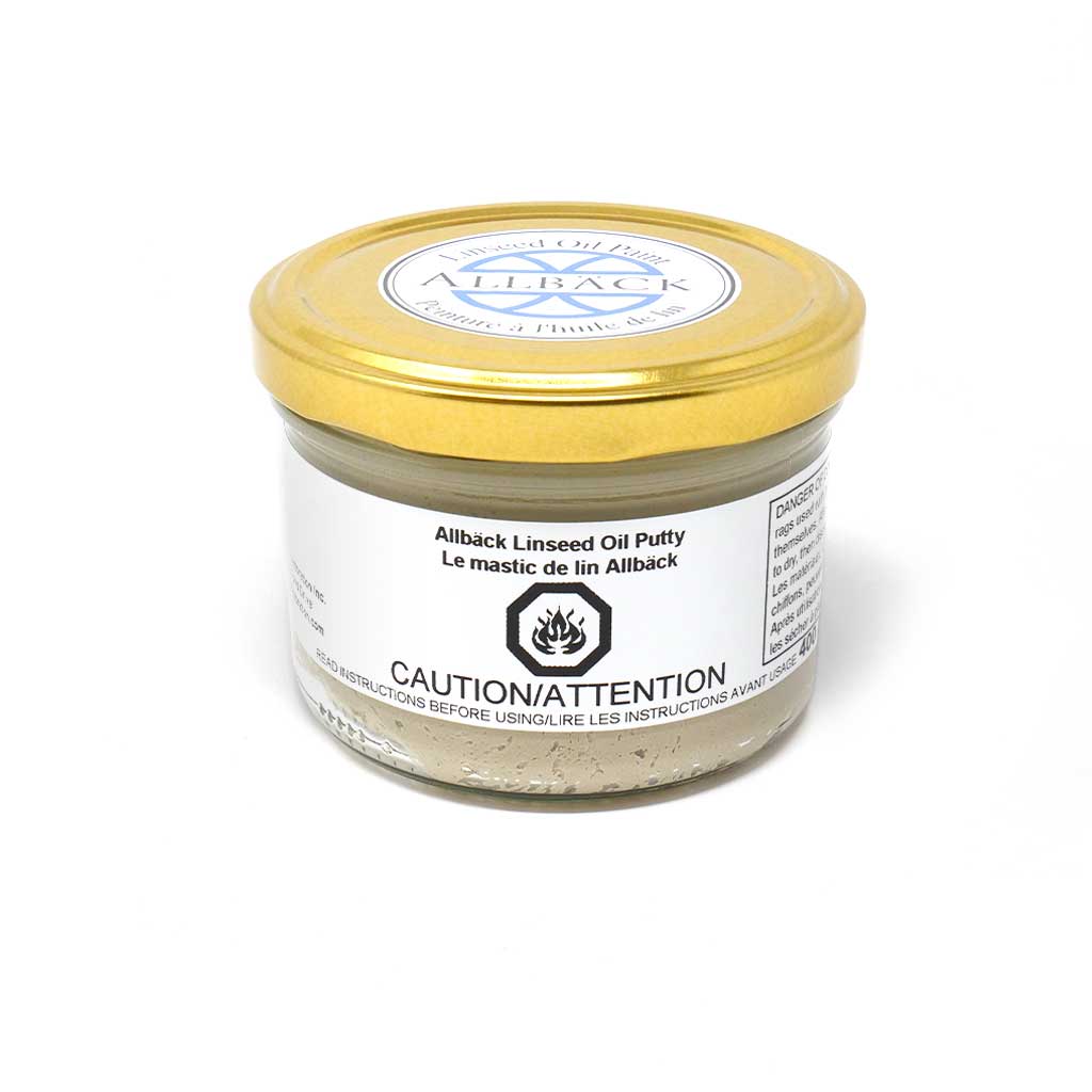 A 400G jar of Allback Linseed Oil Putty with a gold lid.