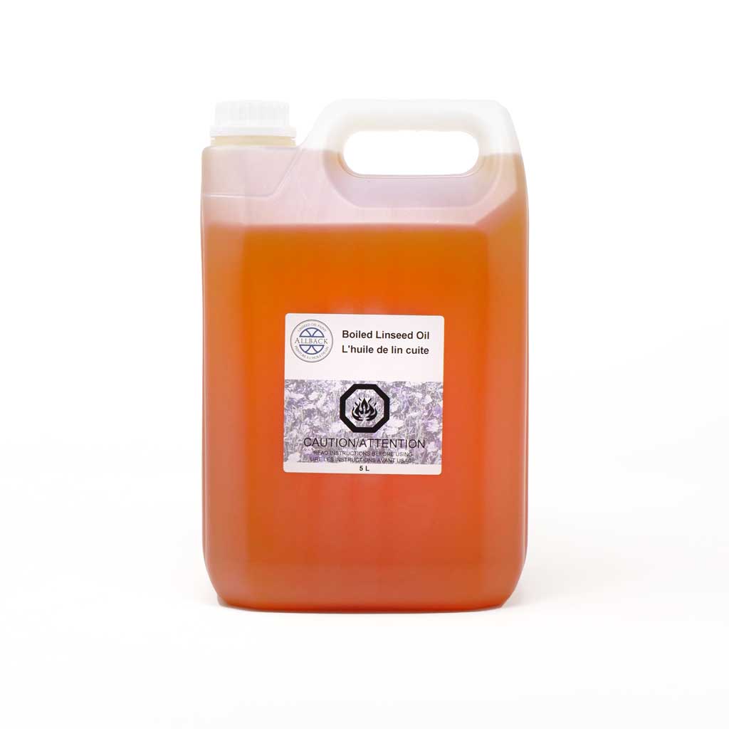 Large 5L container of boiled linseed oil with a label on a white background