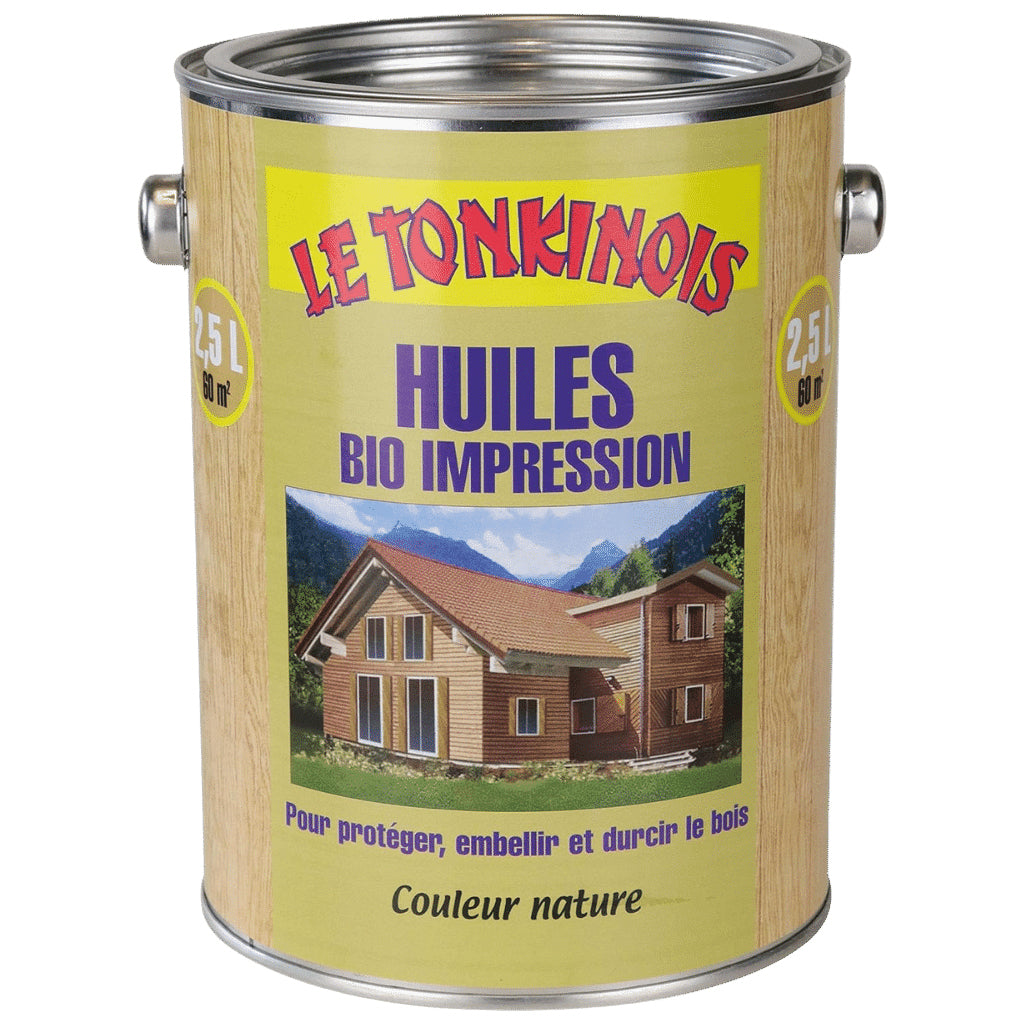 2.5 L can of Le Tonkinois Bio Impression Oil with image of a wooden house on the label and text suggesting its beneficial uses for protecting, coating, and strengthening wood.