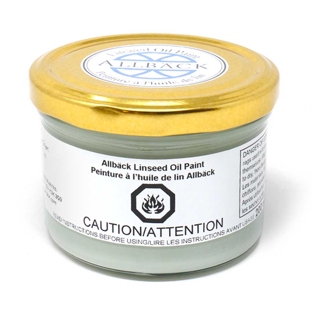 200ml of Allback Linseed Oil Paint with a gold lid in the shade oyster green.