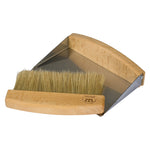 Redecker Bench Sweeping Set. Small, handheld sweep and dustpan, made from natural bristles, beechwood, and stainless steel.