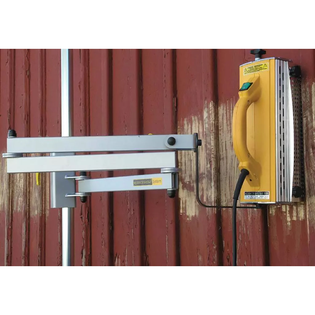 Speedheater Classic Hands-free Arm holds the Speedheater Standard Infrared Paint Remover suspended against board and batten siding.