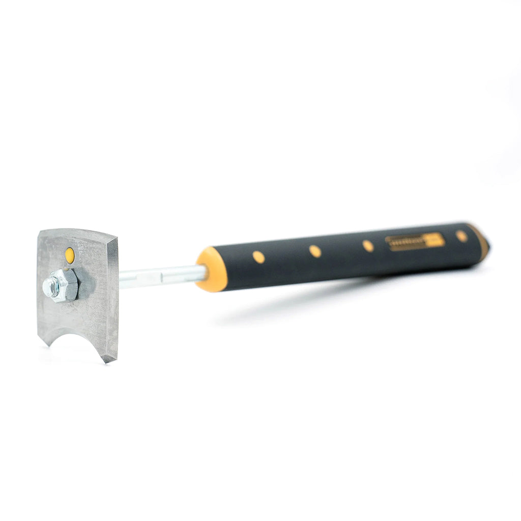 Paint scraper with a silver metal blade and a black handle featuring yellow accents, photographed on a clean white background.