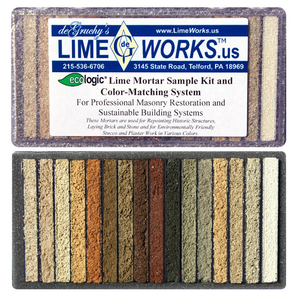 The Ecologic Lime Mortar Sample Kit shows all 12 standard colours, plus 4 custom colours, so that a close match to the existing mortar colour can be found.
