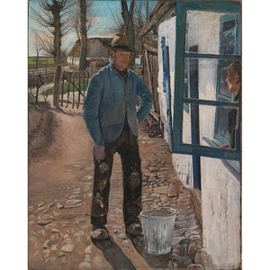 Image depicting a farmer using lime wash to paint the exterior of his farm house.