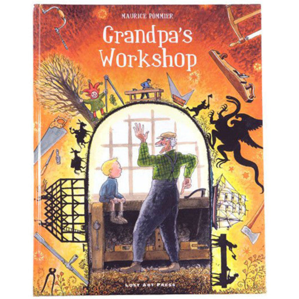 Book cover of 'Grandpa's Workshop' featuring an illustration of an older man in a workshop with various tools and a young boy looking on.