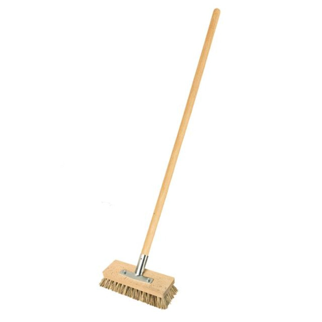 Assembled deck brush with handle.